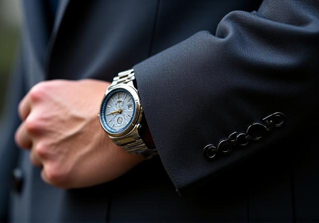 Nahaufnahme einer eleganten Anzugmanschette, aus der eine hochwertige Armbanduhr hervorblitzt.