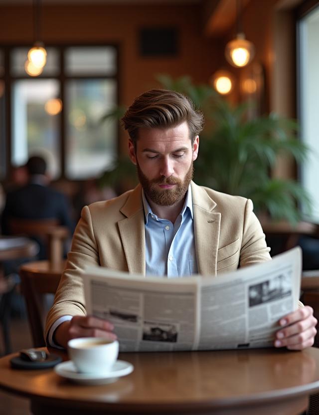 Mann in beigem Anzug sitzt in einem stilvollen Café in Basel, liest Zeitung und genießt die Atmosphäre.