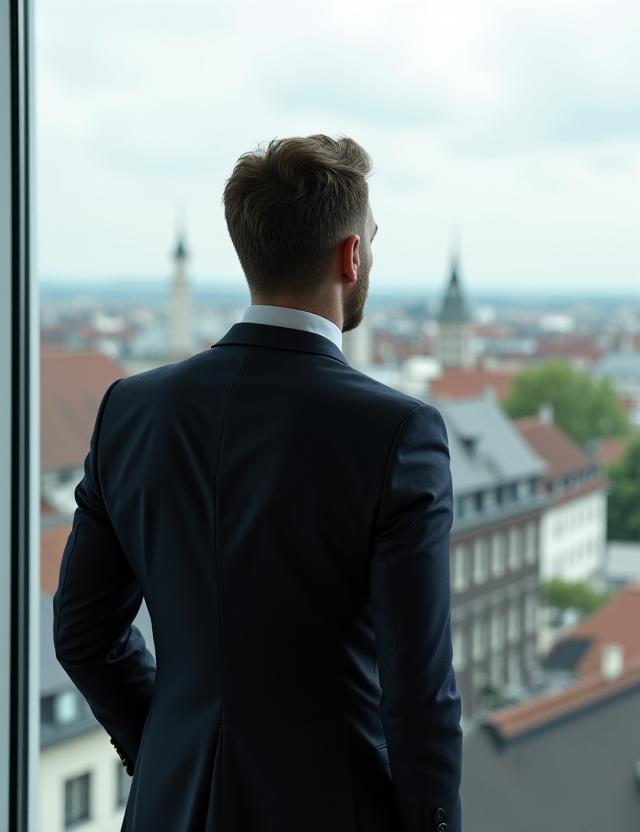 Nachdenklicher Mann im Massanzug blickt aus einem Bürofenster über die Dächer Basels.