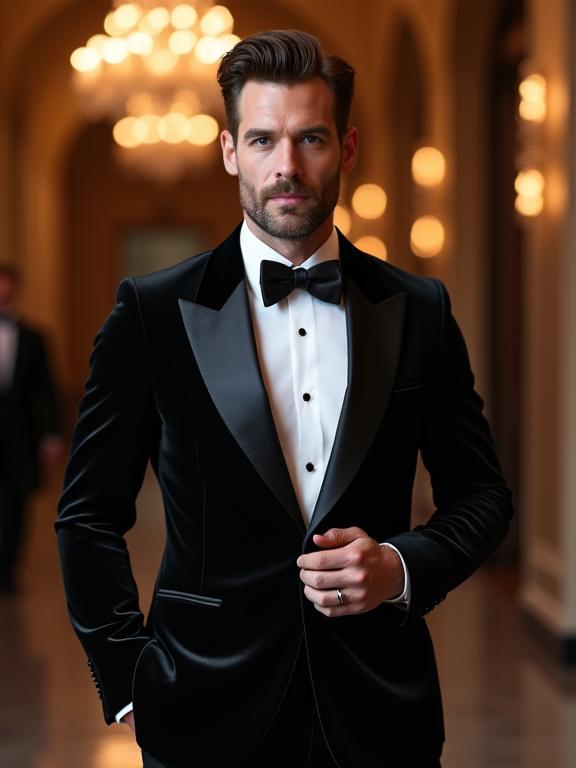Mann in einem eleganten schwarzen Smoking, bereit für einen festlichen Anlass.